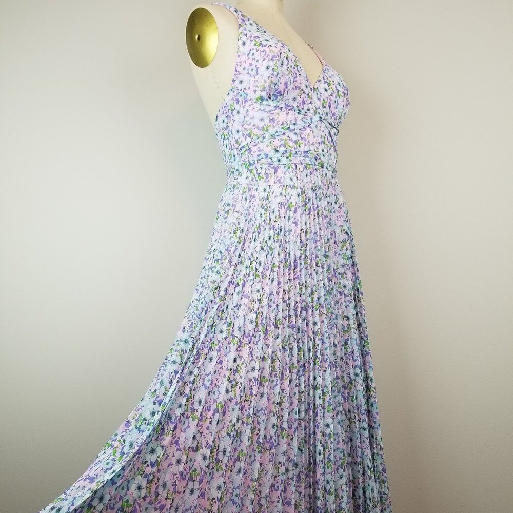 Laundry Pink & Blue Floral Pleated Chiffon Maxi Dress by Shelli Segal * Size 4